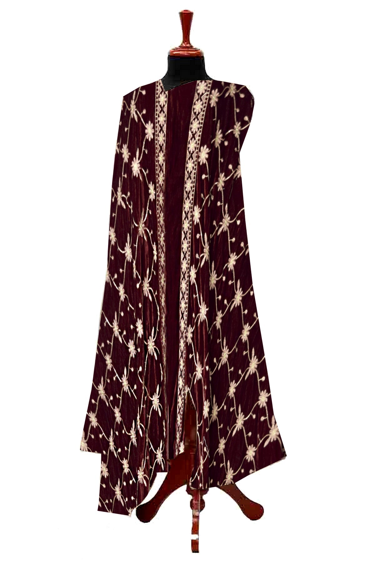 EVS21001-Heavy Embroidered Velvet Shawl-Maroon - Guchha Gee Fabrics