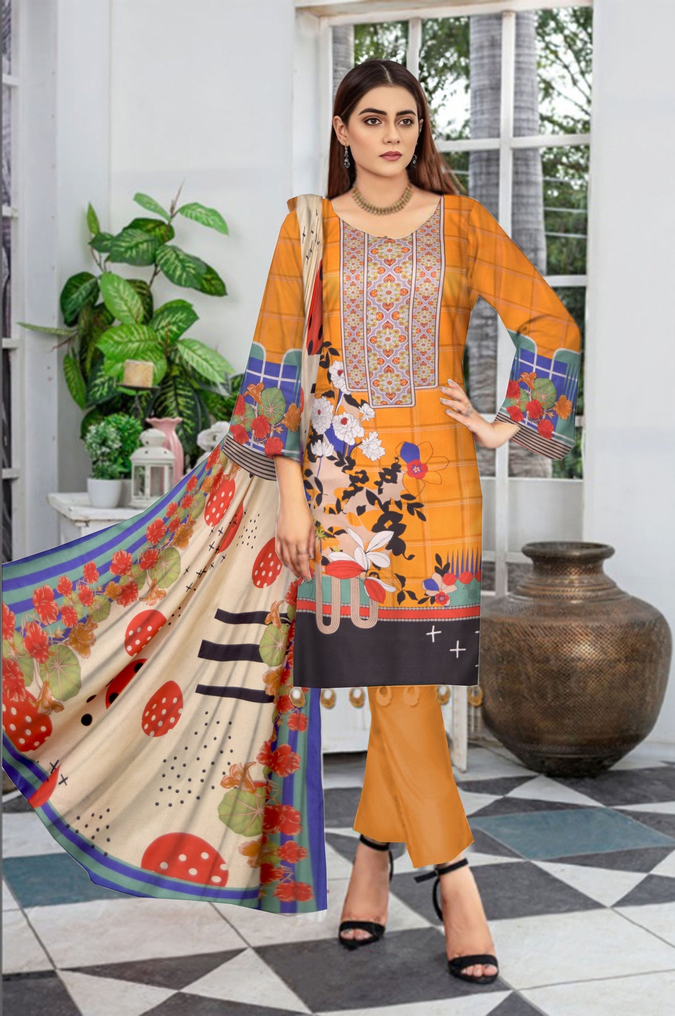 DPL140010-Printed Linen 3Pcs - Guchha Gee Fabrics